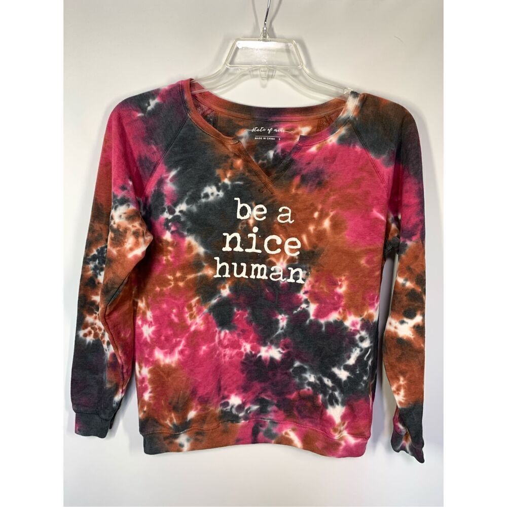 002. State Of Mine Women's Tie Dye ‘Be A Nice Human’ V-Neck Sweater Multi…